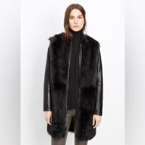 Vince Shearling Fur Lamb Leather Coat Black Full Zip Jacket Spanish Toscana M